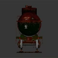 Red And Green Tank Car On Railway Track With Metal Wheels And Structure