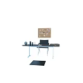 Modern Minimalist Desk And Chair Set With Corkboard Photos Globe Vases Laptop And Books