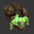 Two Green Hulk Statues With Muscular Bodies Tattered Shorts And Rock Bases