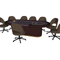 Dark Round Conference Table With Multiple Brown Wheeled Office Chairs And Table Items 3d model