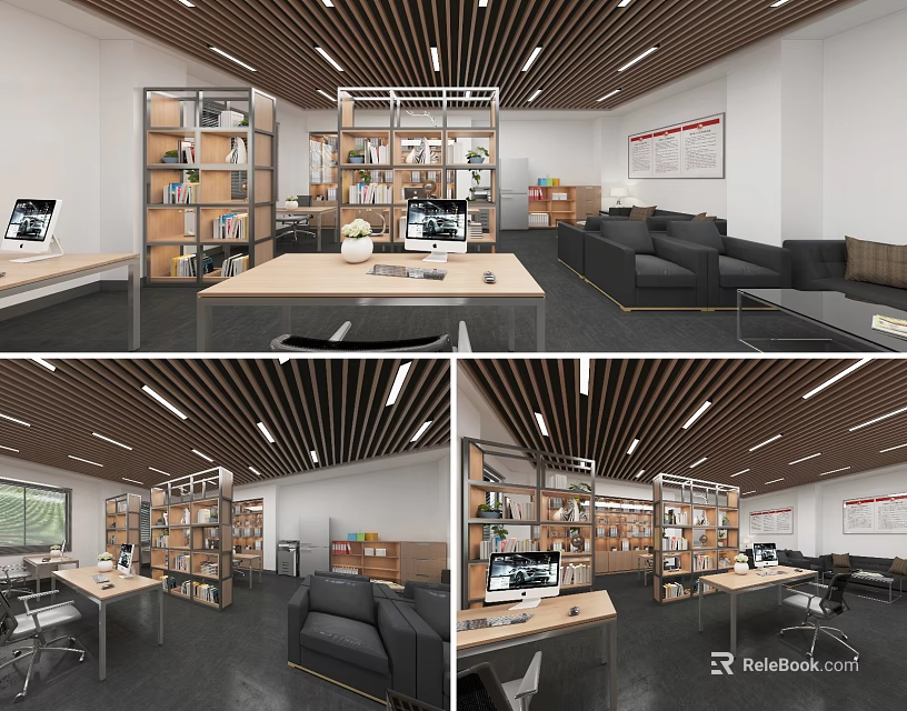 Public Office Space With Open Layout Desks Computers Wooden Bookshelves Sofas And Modern Ceiling Lights 3d model 
