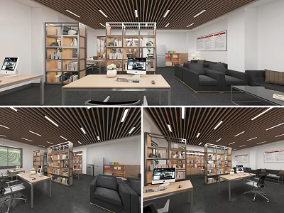 Public Office Space With Open Layout Desks Computers Wooden Bookshelves Sofas And Modern Ceiling Lights 3d model