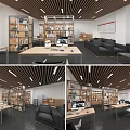 Public Office Space With Open Layout Desks Computers Wooden Bookshelves Sofas And Modern Ceiling Lights