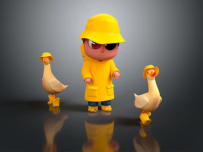 Game Movie Character Standing in Yellow Raincoat with Yellow Hat Sunglasses and Two Yellow Ducks 3d model