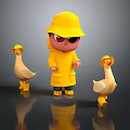 Game Movie Character Standing in Yellow Raincoat with Yellow Hat Sunglasses and Two Yellow Ducks