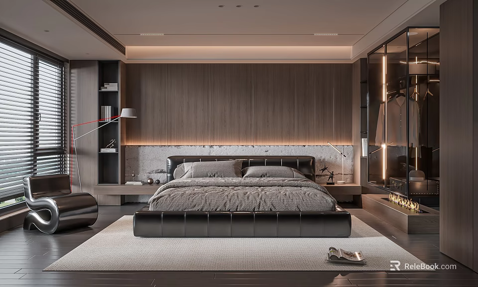 Modern Bedroom Interior With Wooden Wall Paneling King Bed Glass Wardrobe And Area Rug 3d model 