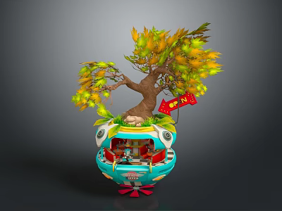 Cartoon Sphere Decorative Scene With Tiny House Colorful Tree Yellow Green Leaves And Red Sign 3d model