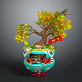 Cartoon Sphere Decorative Scene With Tiny House Colorful Tree Yellow Green Leaves And Red Sign
