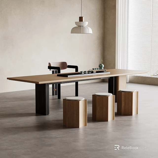 Modern Wooden Tea Table Set With Long Surface And Stools In Minimalist Interior 3d model