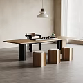 Modern Wooden Tea Table Set With Long Surface And Stools In Minimalist Interior 3d model