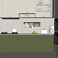 Modern Kitchen Interior With Green White Cabinets Refrigerator Oven And Countertop