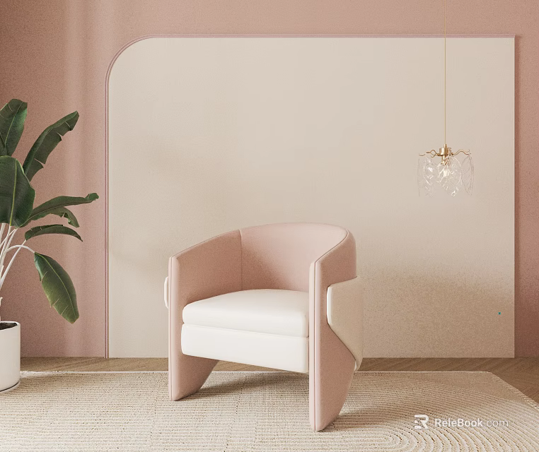 Pink Curved Accent Chair With Potted Plant And Hanging Lamp On Pastel Wall Rug 3d model 