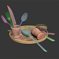 Copper Tableware Set With Knife Fork Spoon Cups And Tray On Reflective Surface 3d model