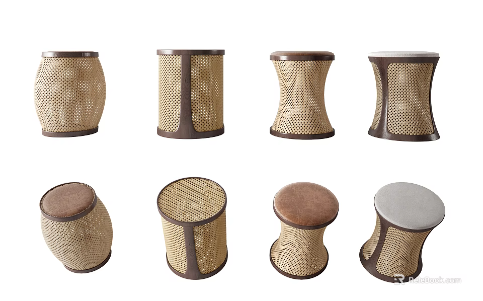 Natural Woven Rattan Stools With Brown Edges And Comfortable Seats For Home Use 3d model 