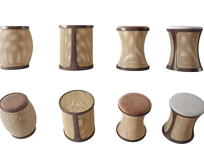 Natural Woven Rattan Stools With Brown Edges And Comfortable Seats For Home Use 3d model
