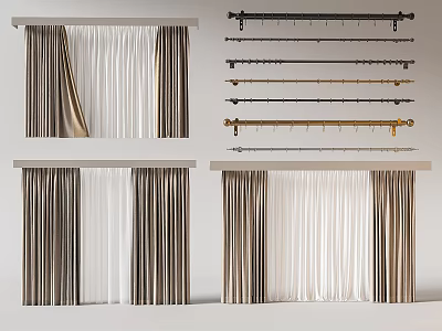 Stylish Double Layer Curtains with Striped Fabric and Metal Curtain Rods Home Decor 3d model