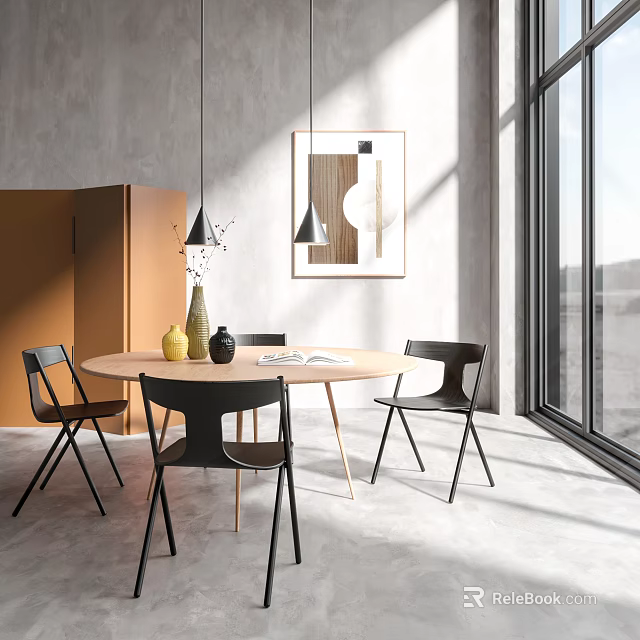 Modern Round Dining Table Set With Black Chairs And Decorative Items Near Large Window 3d model