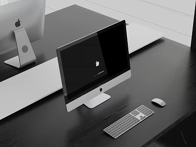 Sleek Apple Desktop Computer Setup With Monitor Keyboard Mouse On Modern Black Desk 3d model