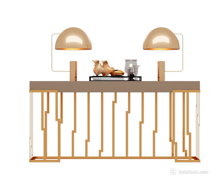 Modern Console Table with Golden Frame Table Lamps and Decorative Items 3d model