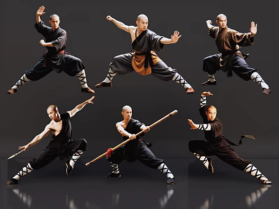 Men Practicing Martial Arts with Various Poses Holding Staff and Sword on Gray Reflective Floor 3d model