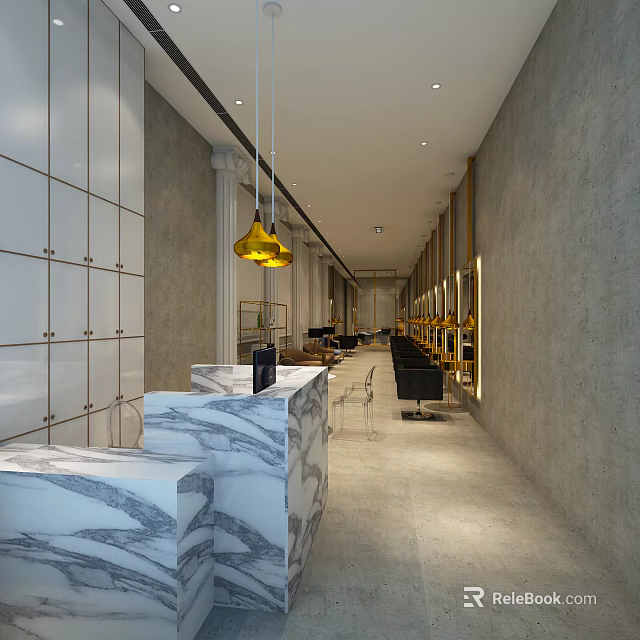Modern Beauty Hair Salon Interior With Luxury Marble Reception And Styling Chairs 3d model 