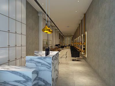 Modern Beauty Hair Salon Interior With Luxury Marble Reception And Styling Chairs 3d model