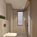Contemporary Indoor Space Interior With Wooden Grid Ceiling White Curtains Stone Shelf And Warm Lighting