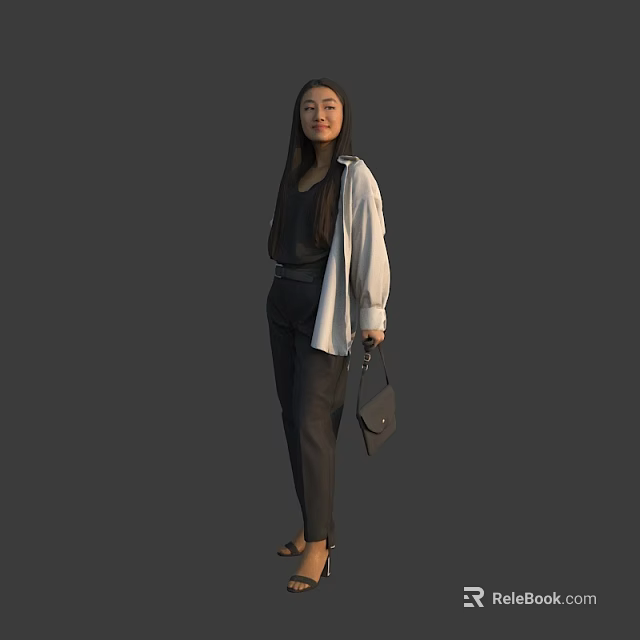 Woman Wearing Black Top Black Pants Light Colored Shirt Holding Black Handbag Against Gray Background 3d model 