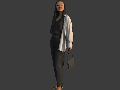 Woman Wearing Black Top Black Pants Light Colored Shirt Holding Black Handbag Against Gray Background 3d model