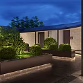 Modern Garden Landscape With Columned Structure Polished Stone Floor Trimmed Shrubs And Evening Lighting