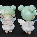 Game Movie Character with Green Hair Twin Buns White Wings Cloud Body and Star Wand