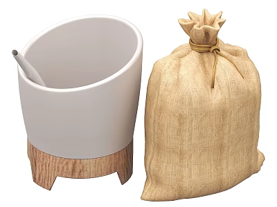 Stylish White Planter With Wooden Base And Burlap Sack With Rope Knot 3d model