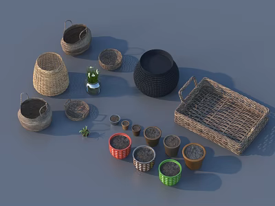 Various Sizes Woven Household Baskets And Colorful Planters With Small Decor Items 3d model