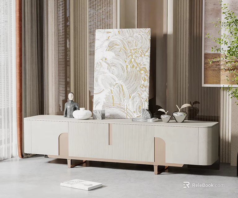 Elegant Modern TV Stand With Light Beige Finish Gold Legs And Decorative Sculptures 3d model 