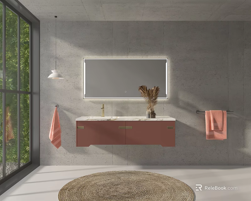 Modern Washbasin Design With Gray Wall Large Mirror Pink Towels And Round Woven Rug 3d model 