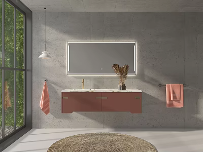 Modern Washbasin Design With Gray Wall Large Mirror Pink Towels And Round Woven Rug 3d model