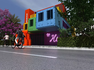 Colorful Modern Container Building with Neon Hu Sign Surrounded by Greenery People Riding Bicycles Nearby 3d model