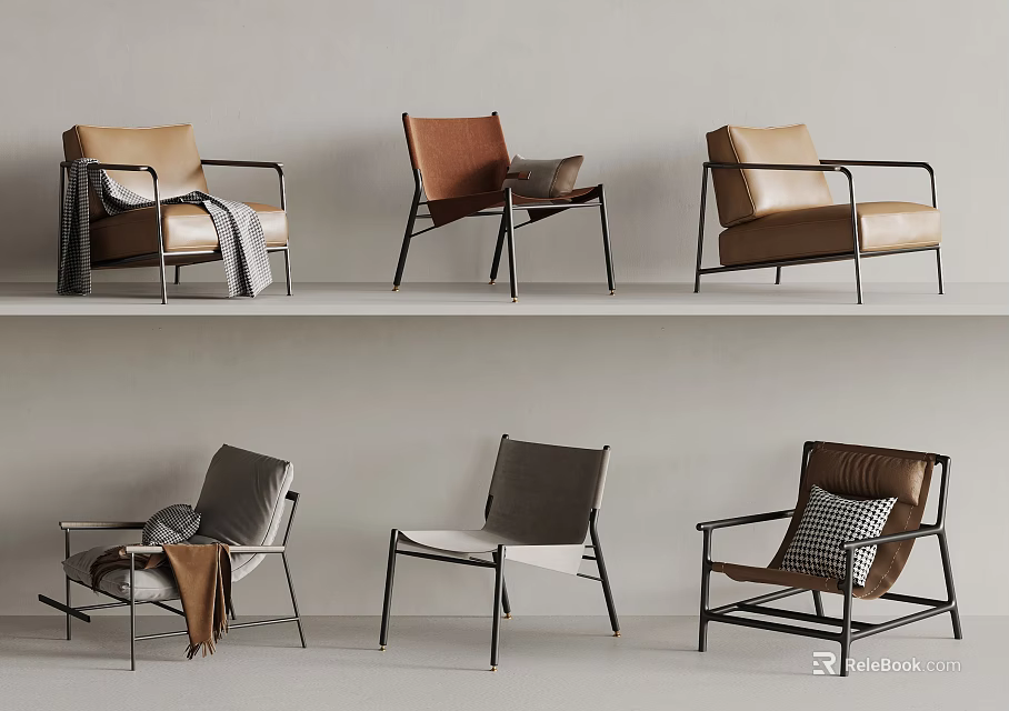 Modern Leather Lounge Chairs With Metal Frames Brown Gray Tones And Accent Pillows 3d model 