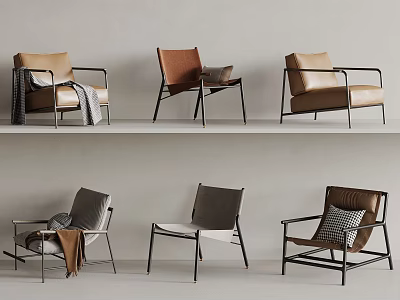 Modern Leather Lounge Chairs With Metal Frames Brown Gray Tones And Accent Pillows 3d model