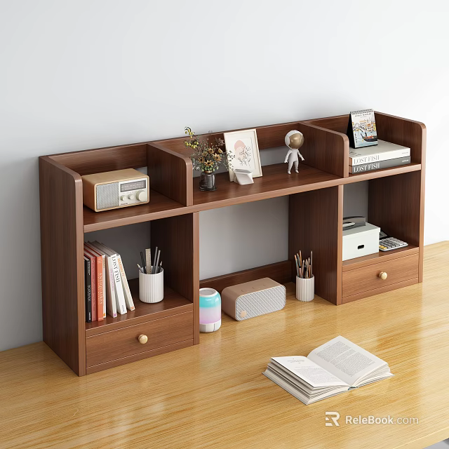 Wooden Storage Shelf With Multiple Compartments Drawers For Books And Decorations 3d model 