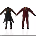 Two Characters in Brown Trench Coat and Red Suit Standing Holding Hands on White Background