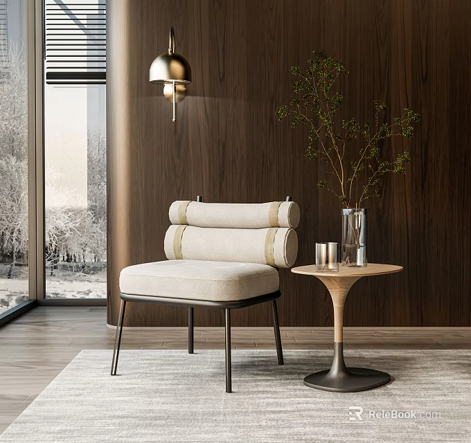 Beige Single Seater Sofa with Metal Legs Near Wooden Wall Large Window Snowy View 3d model 