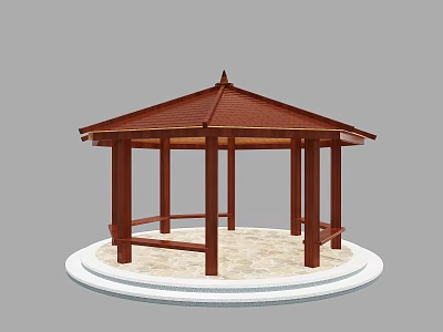 Wooden Hexagonal Pavilion With Red Roof Circular Stone Platform And Surrounding Benches 3d model