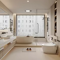 Modern Bathroom Interior Design With Double Sinks Bathtub Shower Area And Large Windows