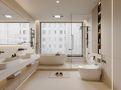Modern Bathroom Interior Design With Double Sinks Bathtub Shower Area And Large Windows 3d model