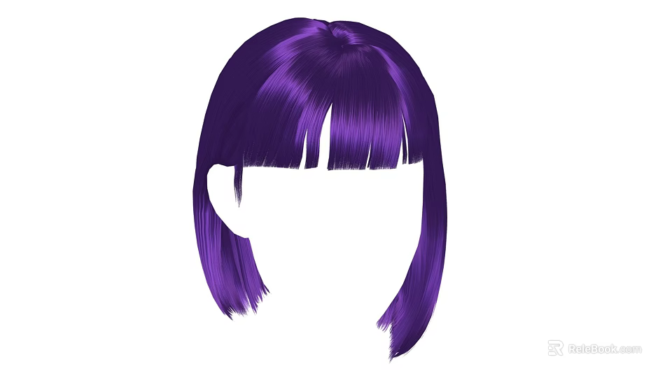 Vibrant Purple Straight Wig with Blunt Bangs and Shoulder Length Hairstyle Design 3d model 