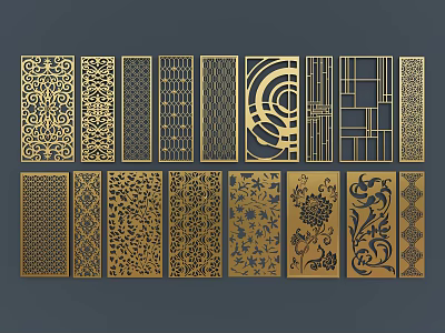 Golden Decorative Room Dividers With Various Intricate Laser Cut Ornamental Patterns 3d model