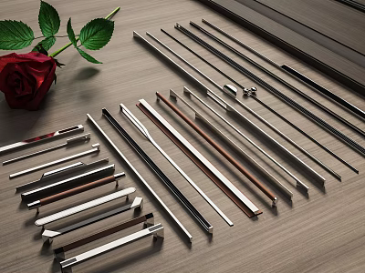Various Metal Door Handles Displayed On Wooden Table With Red Rose And Green Leaves 3d model