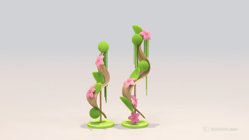 Decorative DP Device with Green Structure Pink Flowers and Leaves for 3d model 