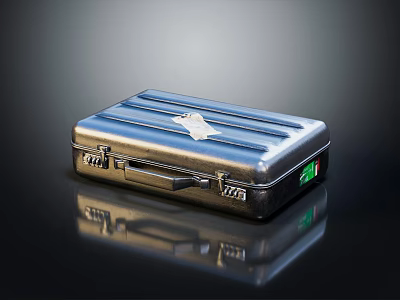 Elegant Metallic Silver Suitcase With Striped Design Emblem And Green Tag 3d model